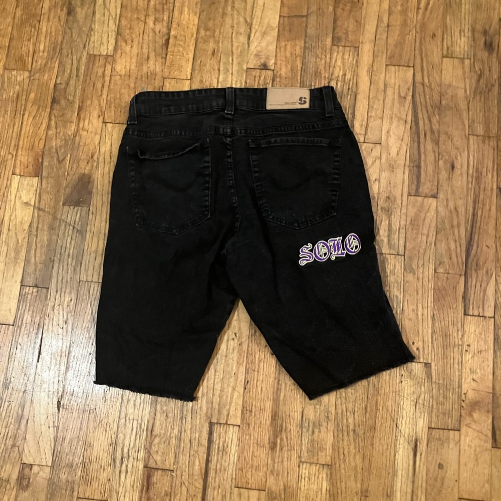 Black Denim Shorts with Graphic Detail